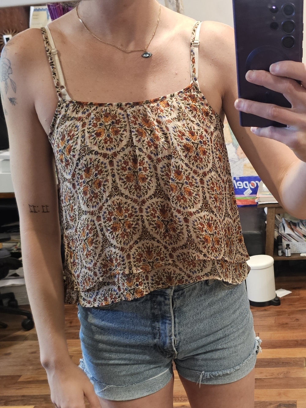 Patrons of Peace Cream Floral Medallion Spaghetti Strap Tank